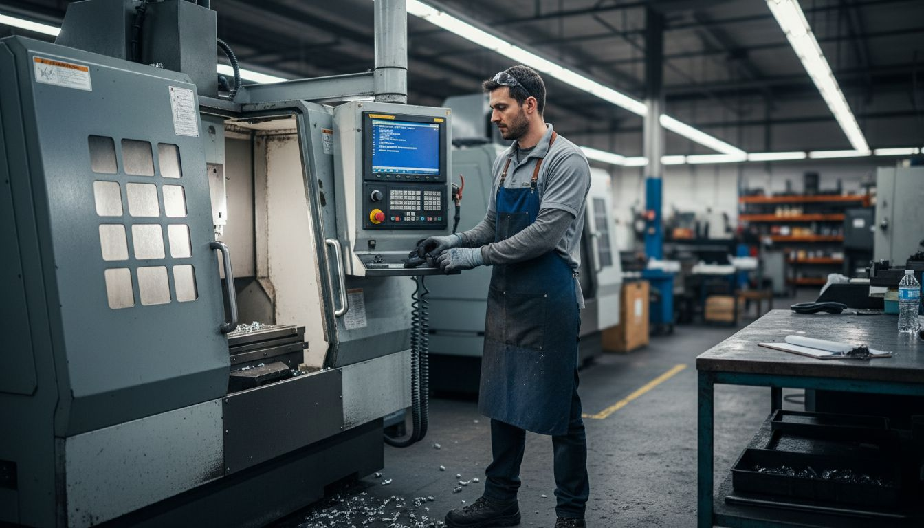 Machinist operating CNC milling machine in factory