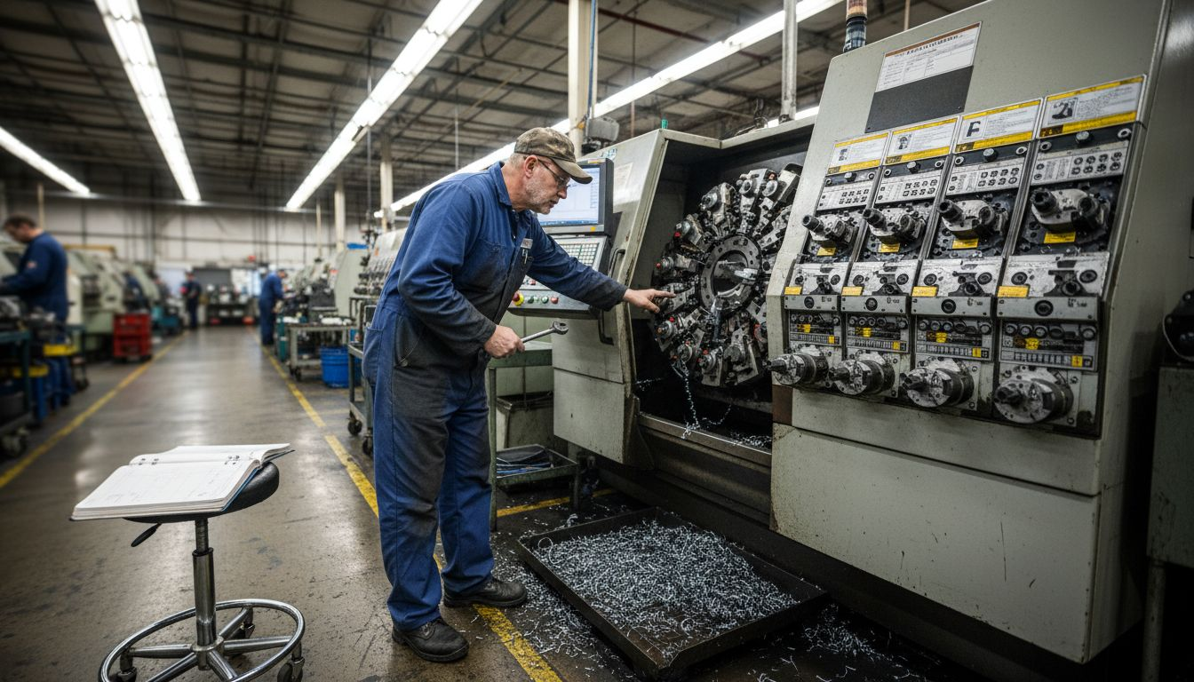 Machinist Inspecting Hydromat Rotary Transfer Machine Machinist inspecting Hydromat rotary transfer machine