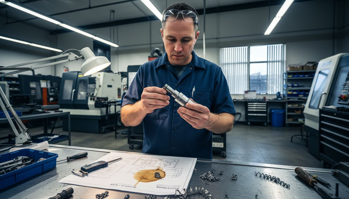 Machinist inspecting firearm component in shop