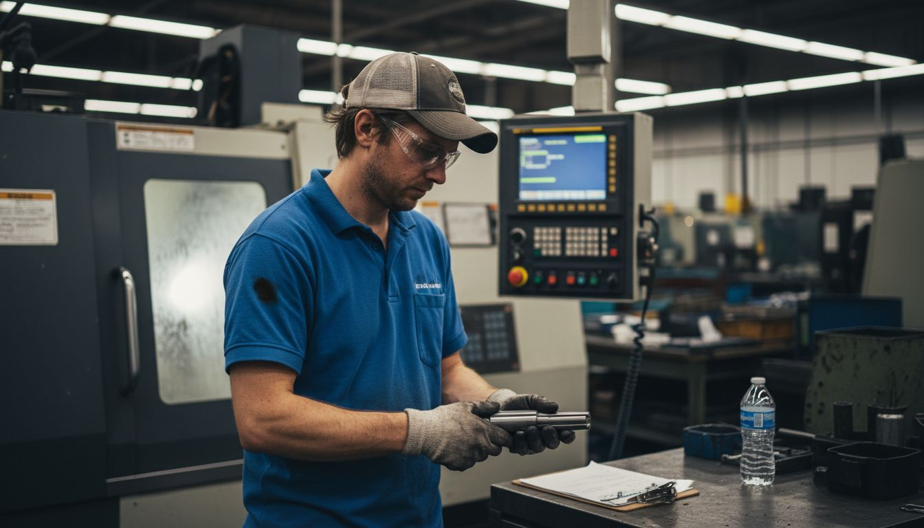 Operator checking CNC-turned steel shaft