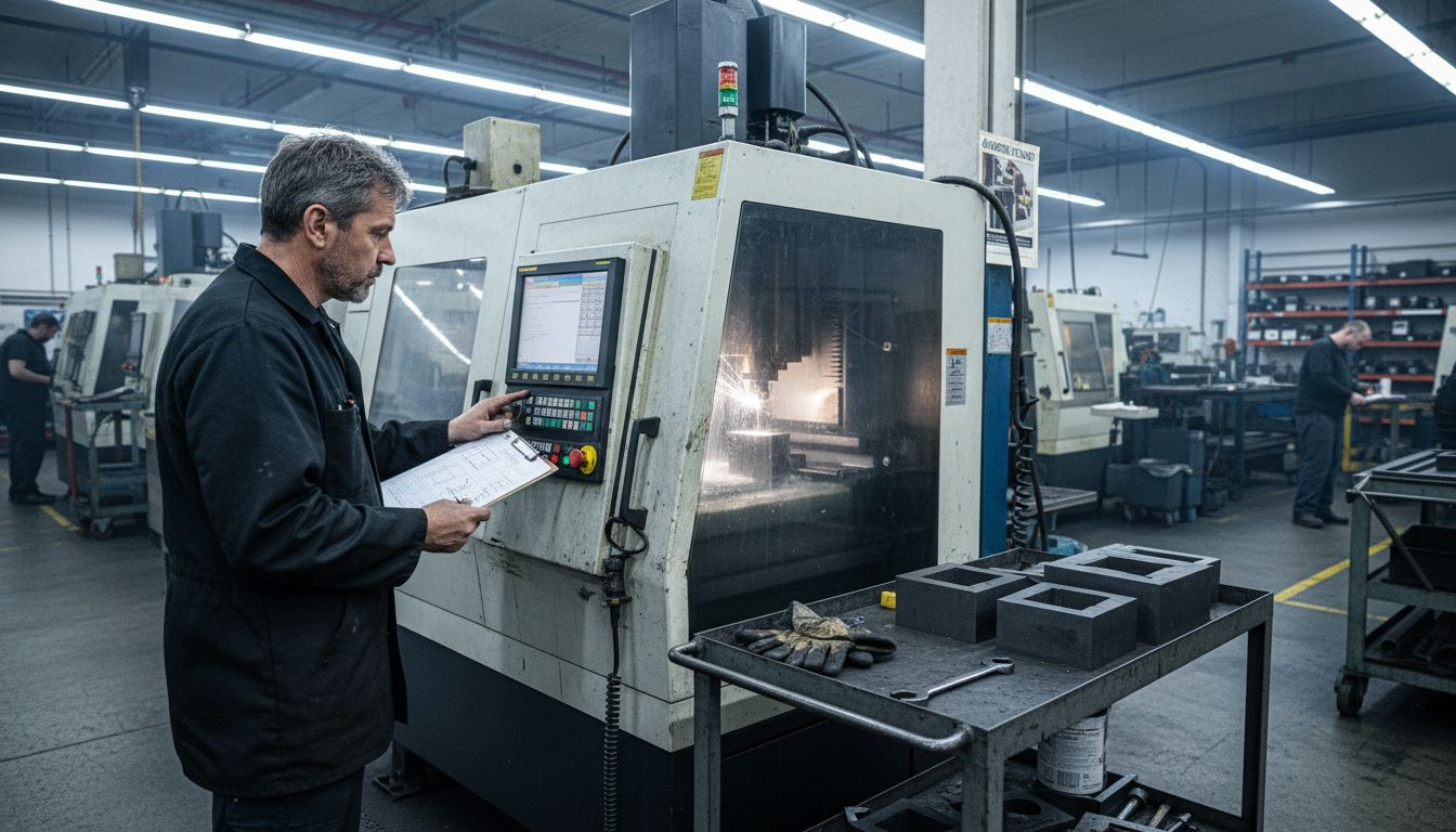 Machinist operating wire EDM machine in workshop