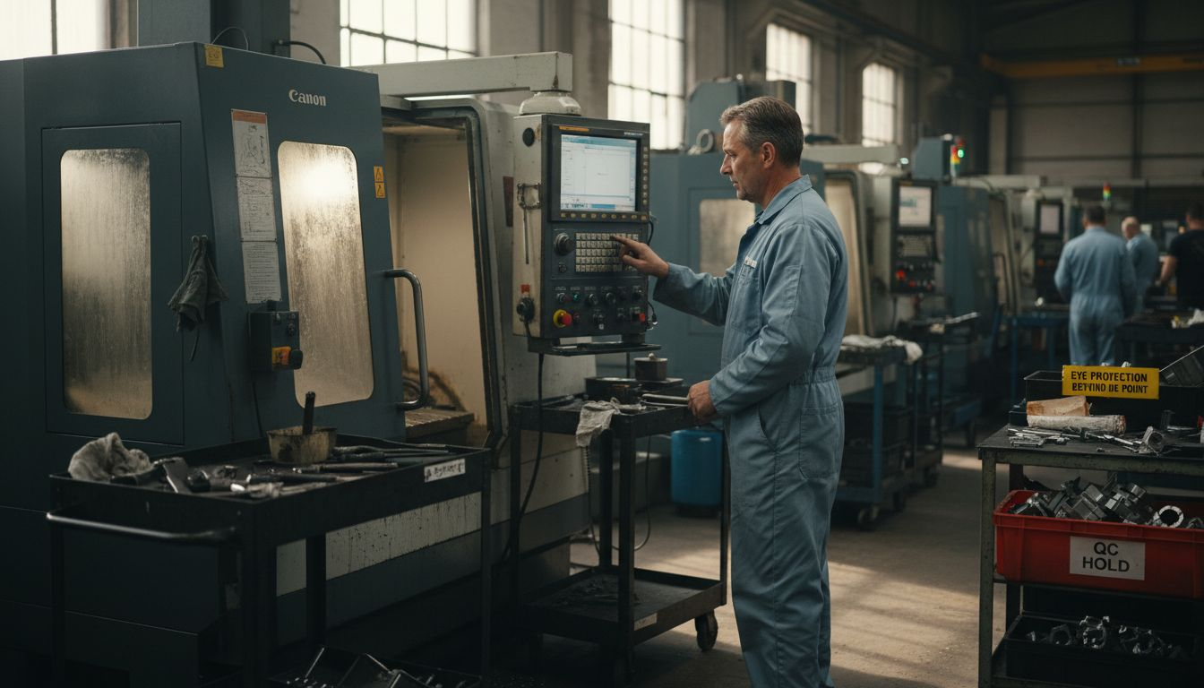 Technician operates automated machining center