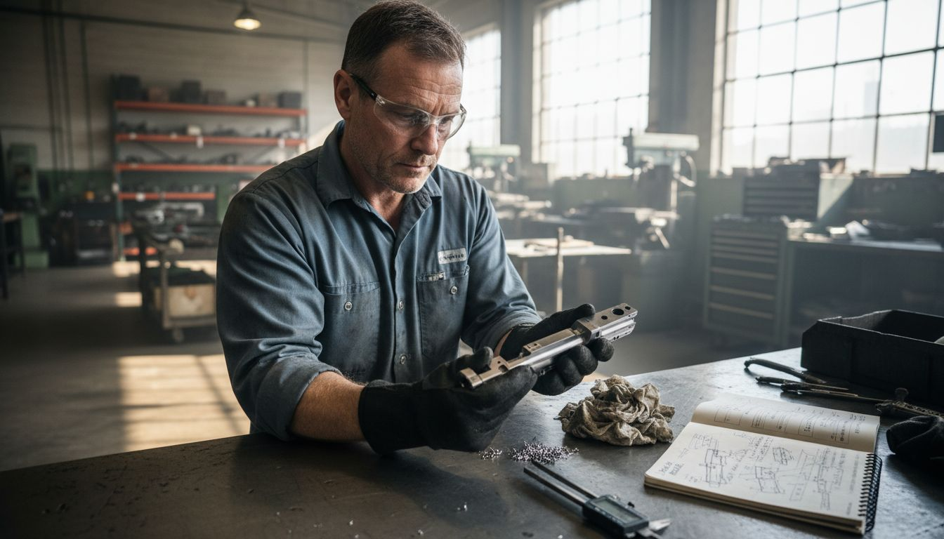 Machinist Inspecting Firearm Part At Workshop Machinist inspecting firearm part at workshop