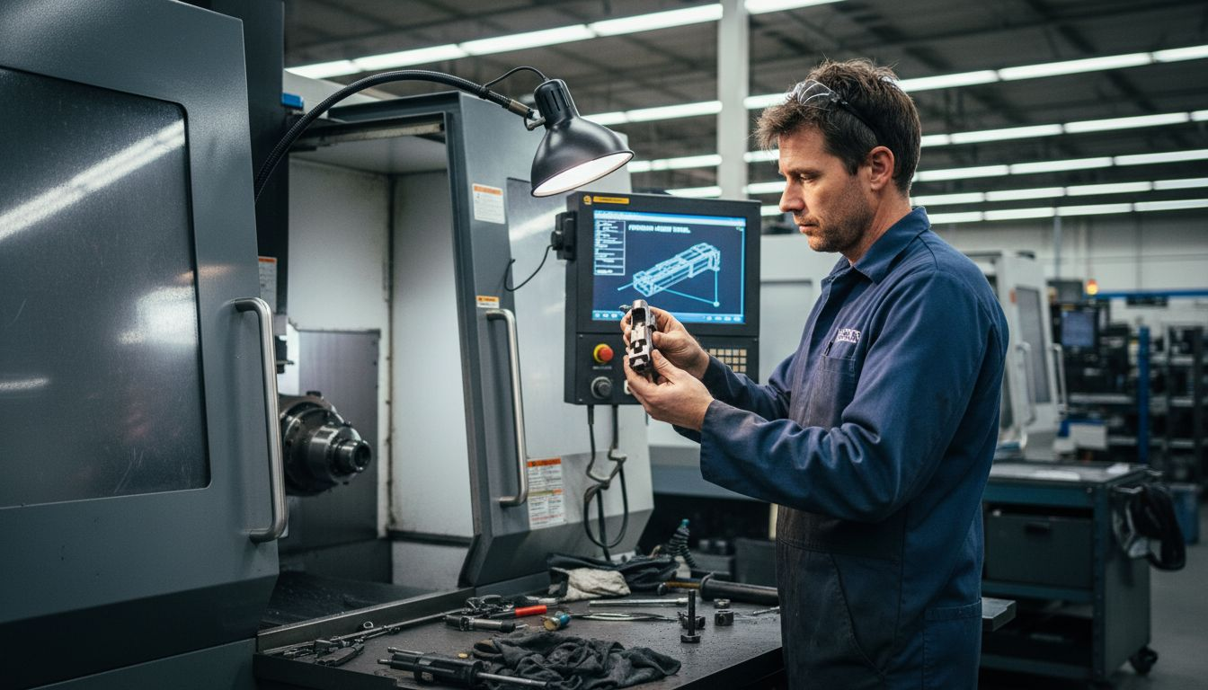 Technician inspecting forward assist assembly part