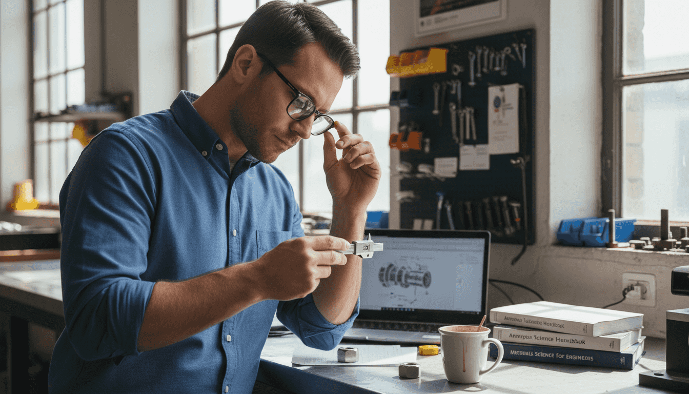 Engineer inspecting castle nut at workbench