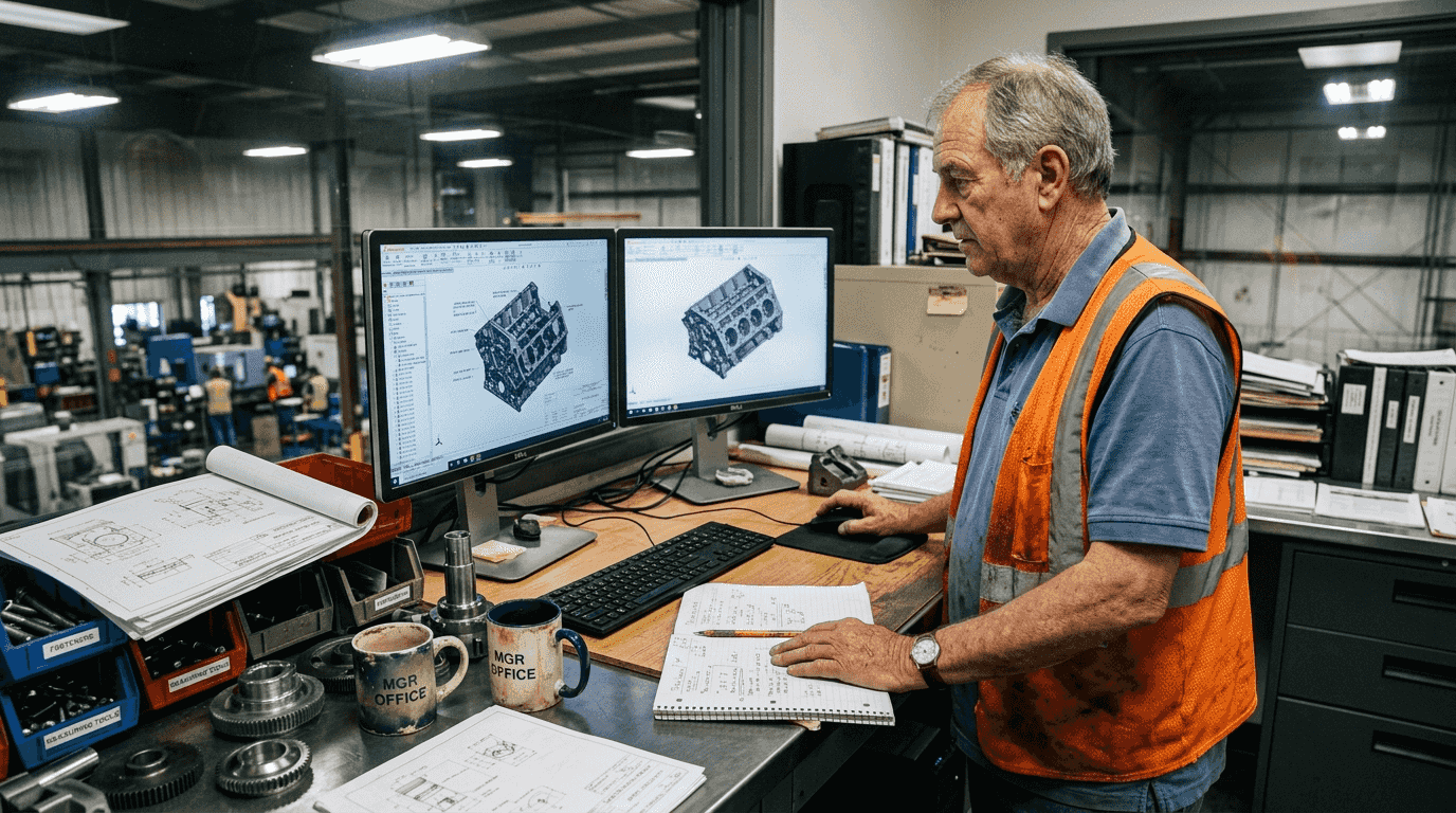 Factory manager reviewing CAD models for parts