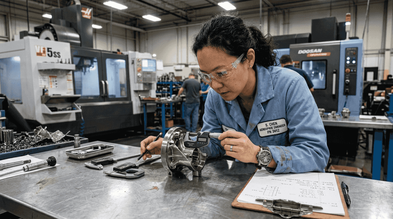 Engineer inspecting precision-machined metal part