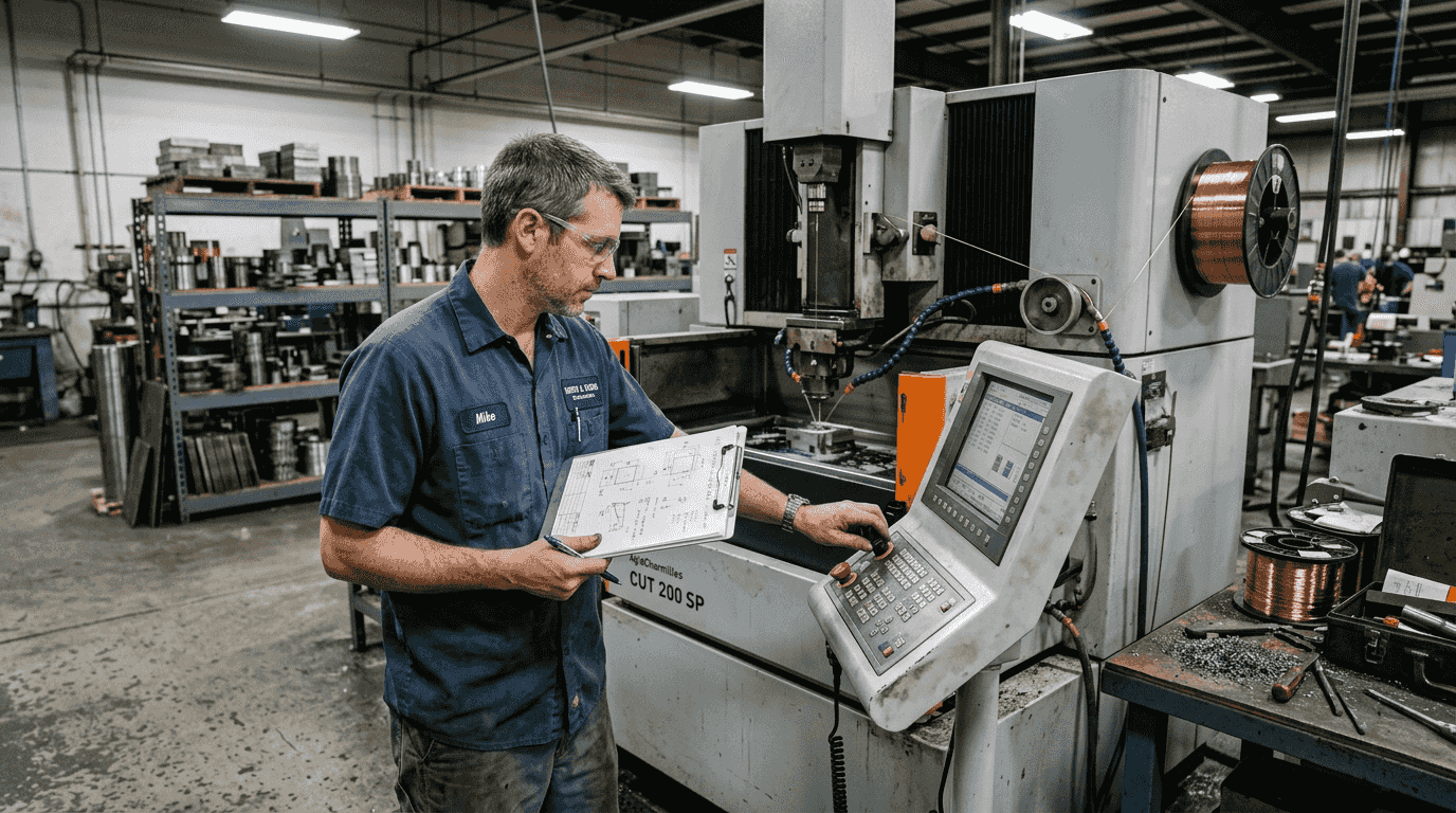 Machinist operating wire EDM machine in workshop