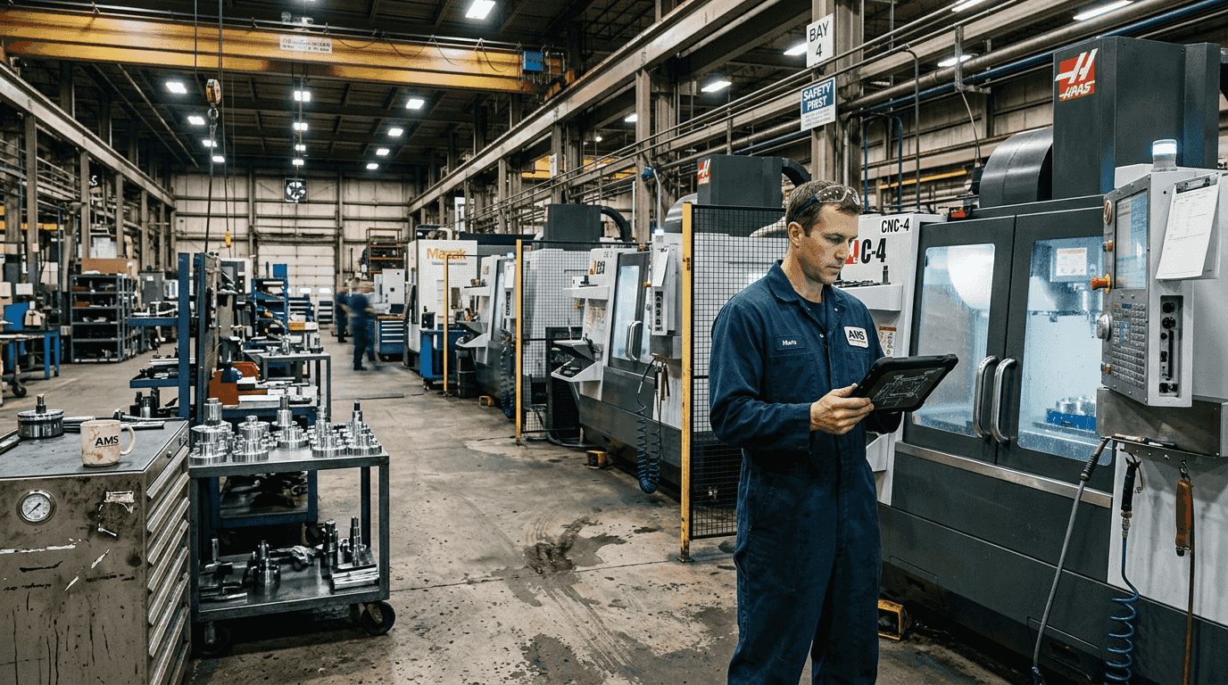 Engineer inspects automated machining tools in factory