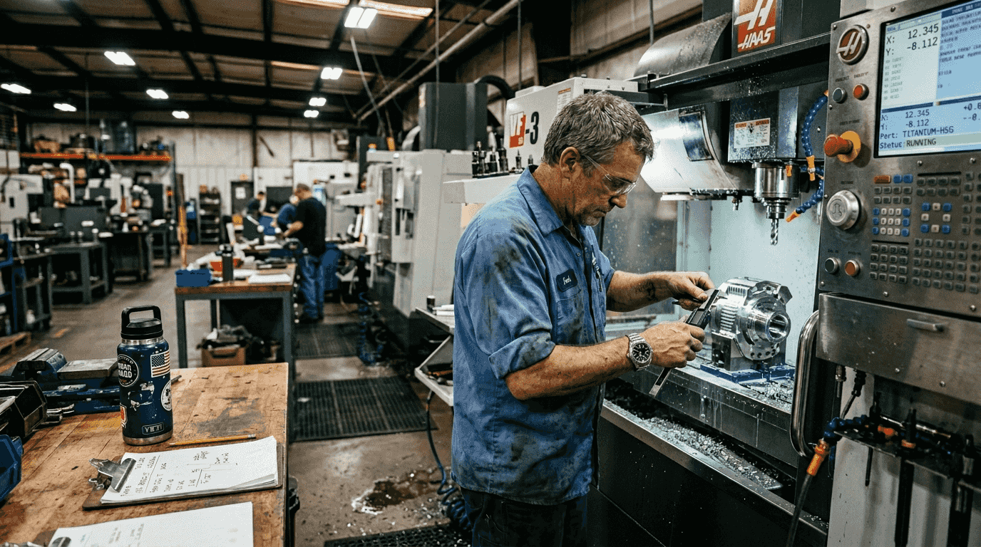 Machinist inspecting titanium part in workshop