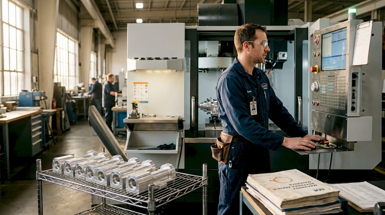 CNC operator in aerospace manufacturing bay