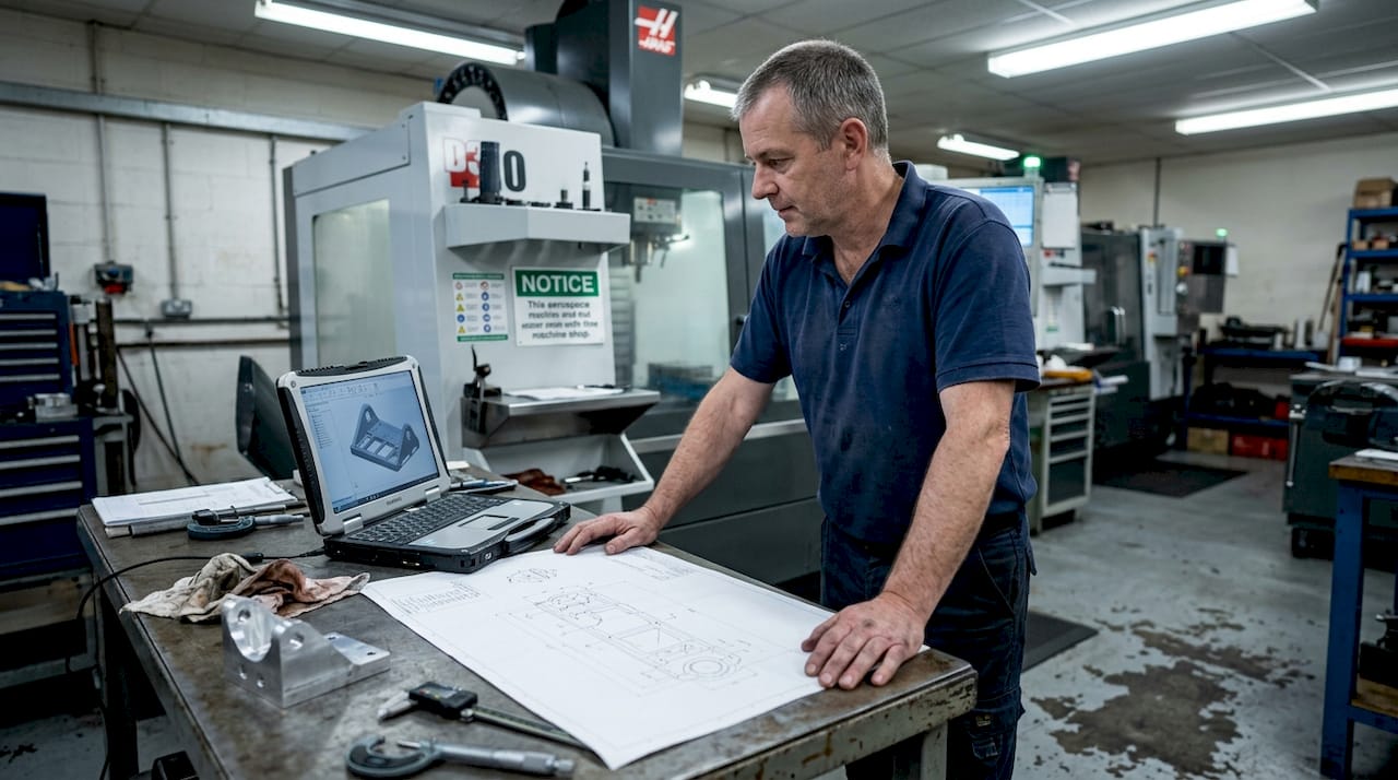 CNC Machinist Reviewing Aerospace Part Drawing CNC machinist reviewing aerospace part drawing