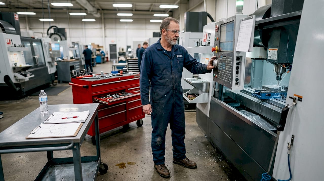Machinist working on CNC in aerospace shop