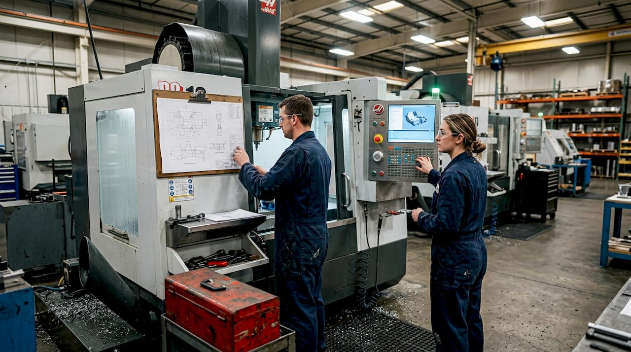 Machinists working in aerospace CNC workshop