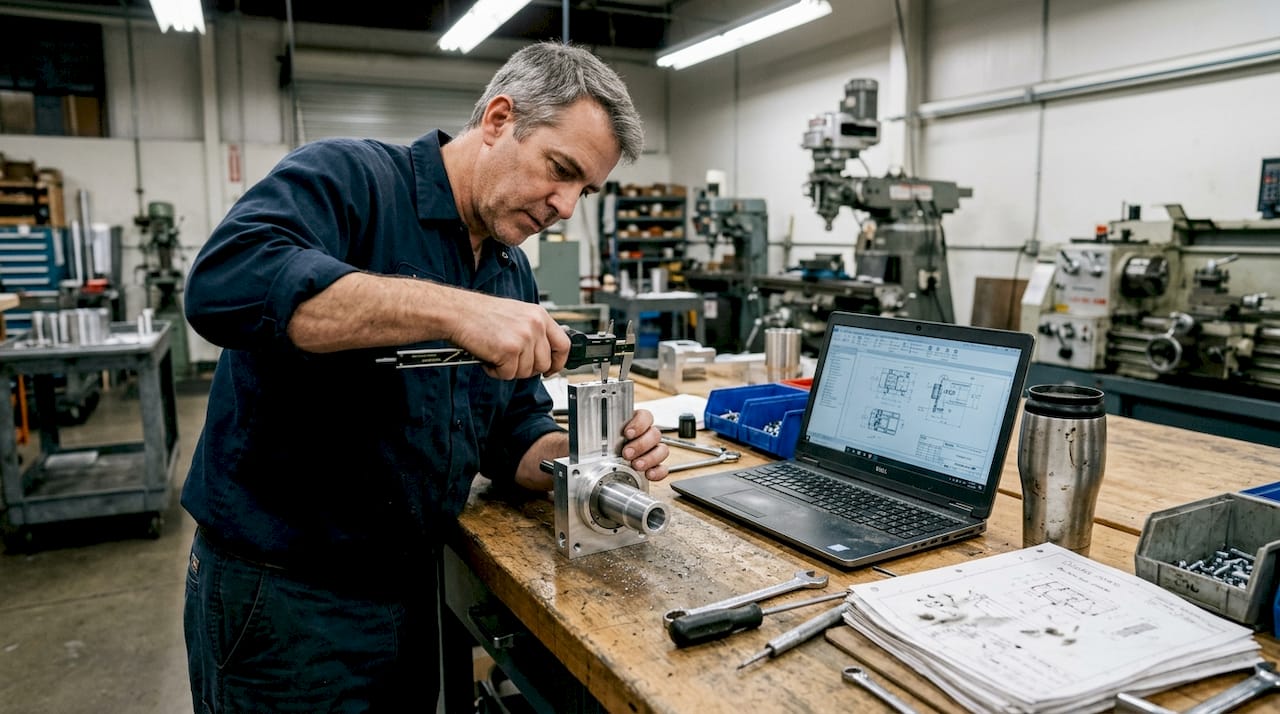 Technician checking prototype part in workshop