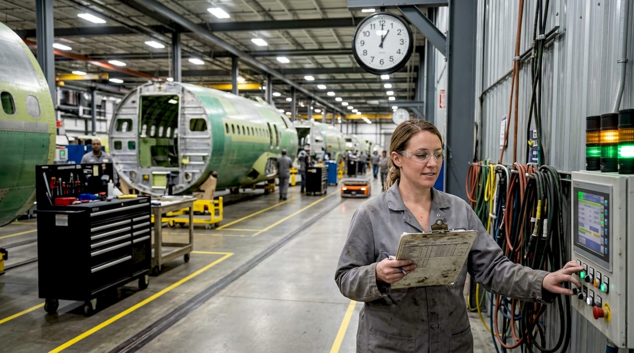 Operator inspecting aerospace manufacturing assembly line