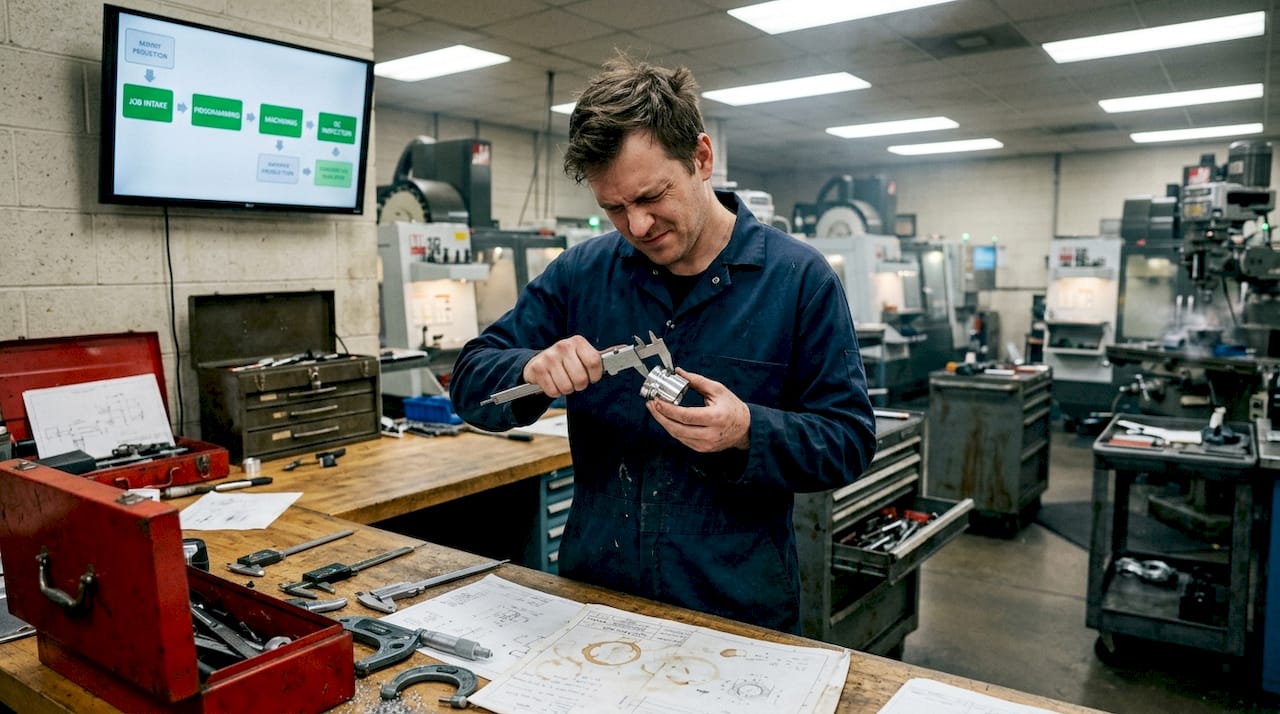 Technician inspects machined part at workspace