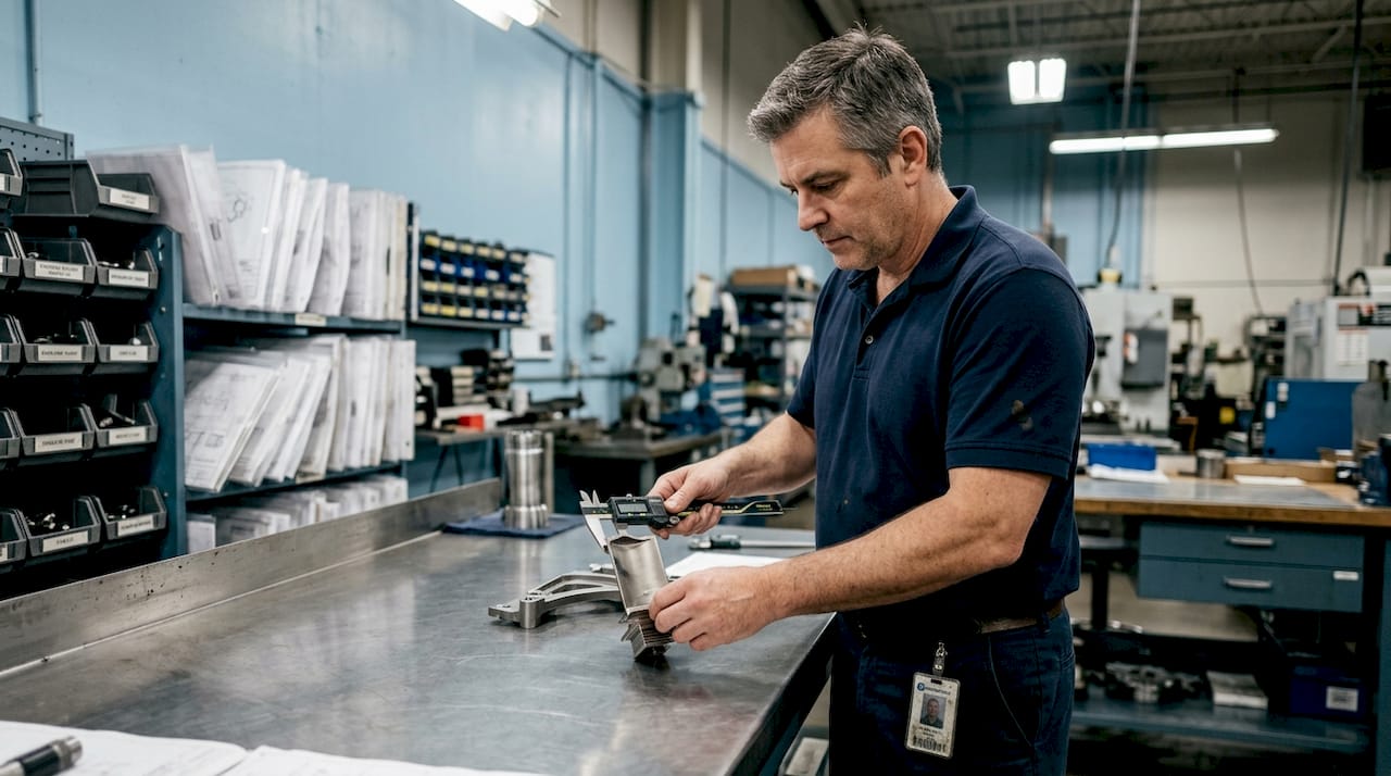 Inspector checks machined part quality