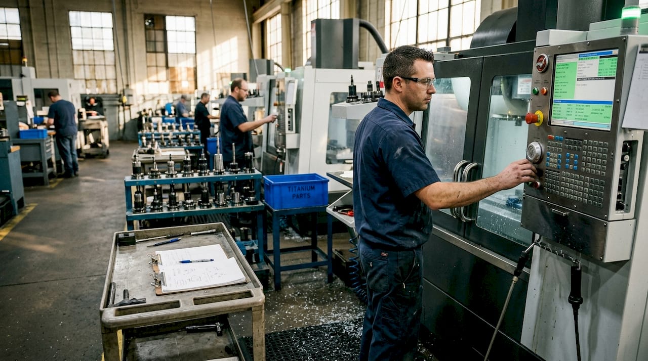 Machinist monitoring CNC process in factory