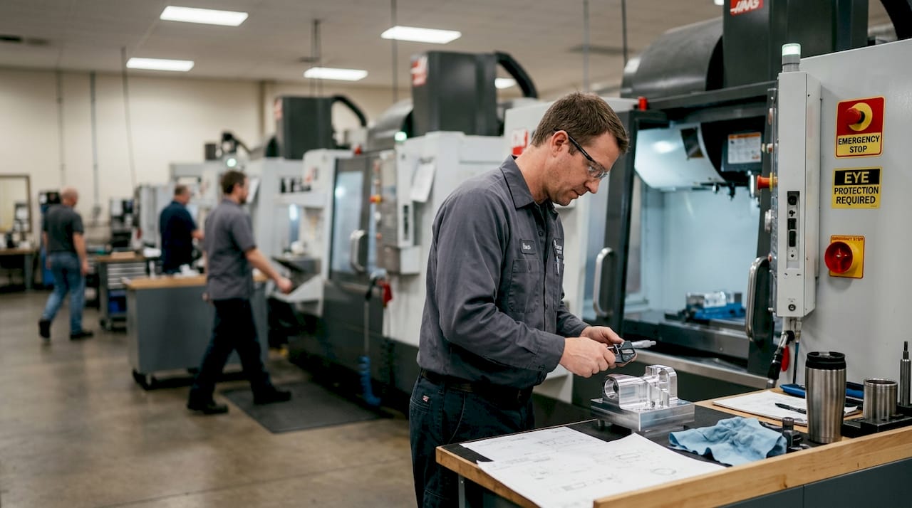 Machinist checking part on high-tech shop floor