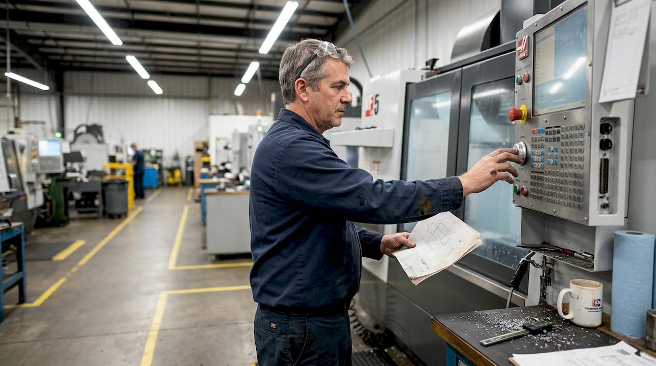 Machinist Adjusting CNC Milling Machine Controls Machinist adjusting CNC milling machine controls