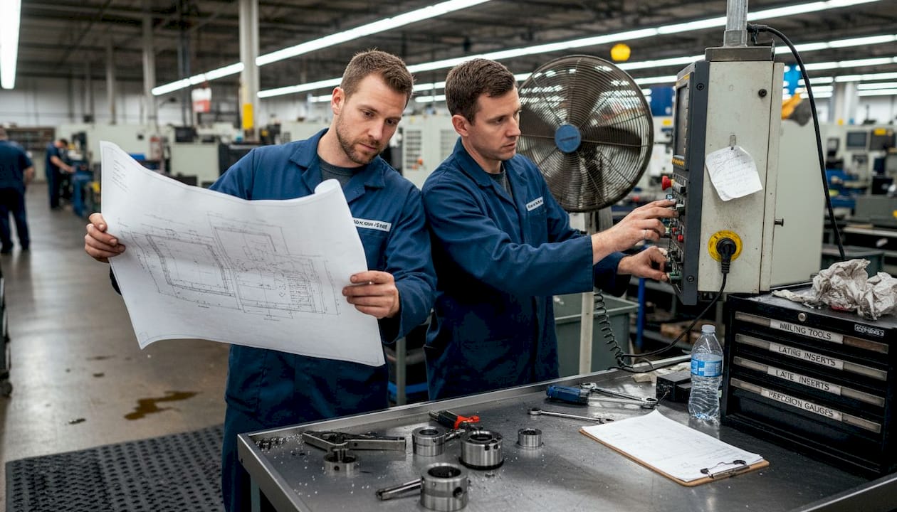 Machinists assembling precision parts in factory