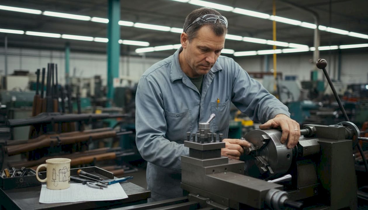 Machinist adjusting lathe for firearm parts