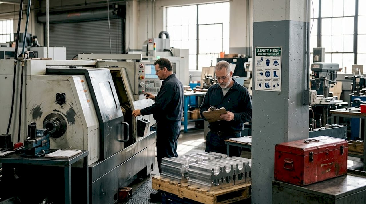 Machinists calibrating CNC equipment in factory