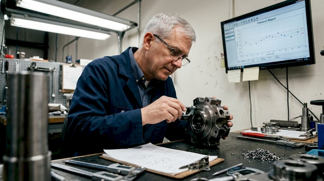 Engineer inspecting defense component for precision