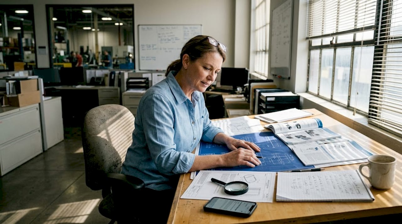 Manager reviewing machining partner blueprints