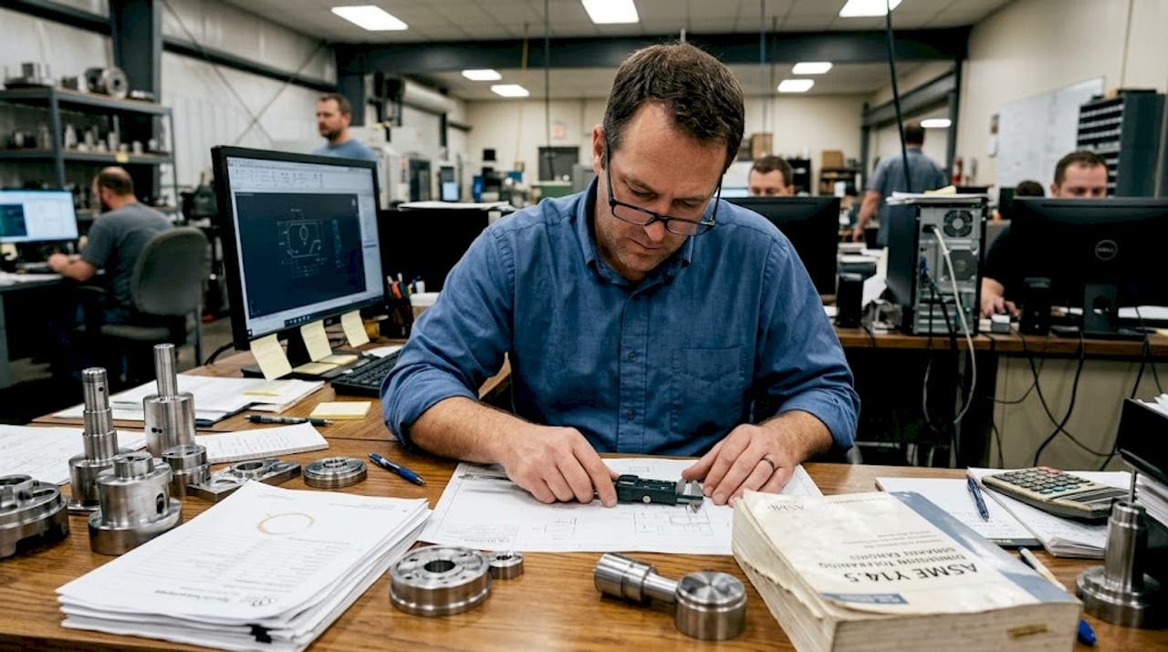 Aerospace engineer reviewing machining tolerances