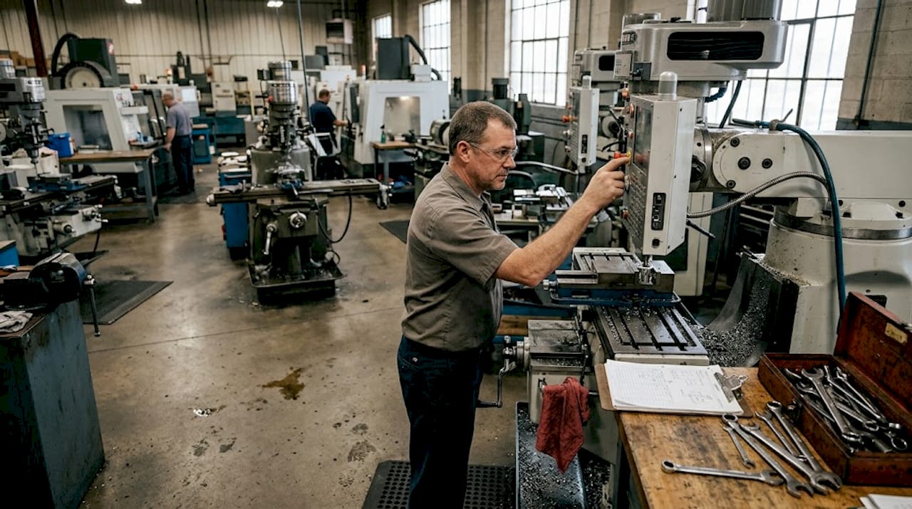 Machinist adjusting CNC machine in active shop