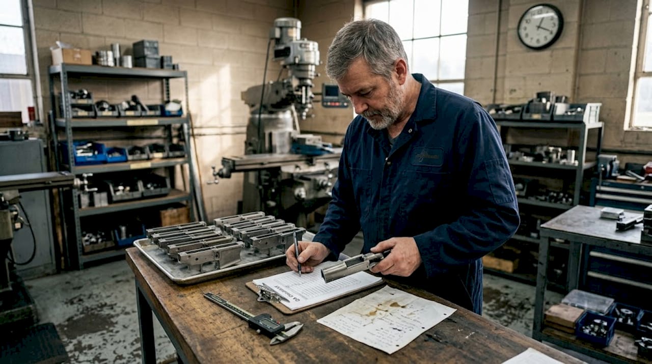 Machinist reviewing firearms parts QA checklist