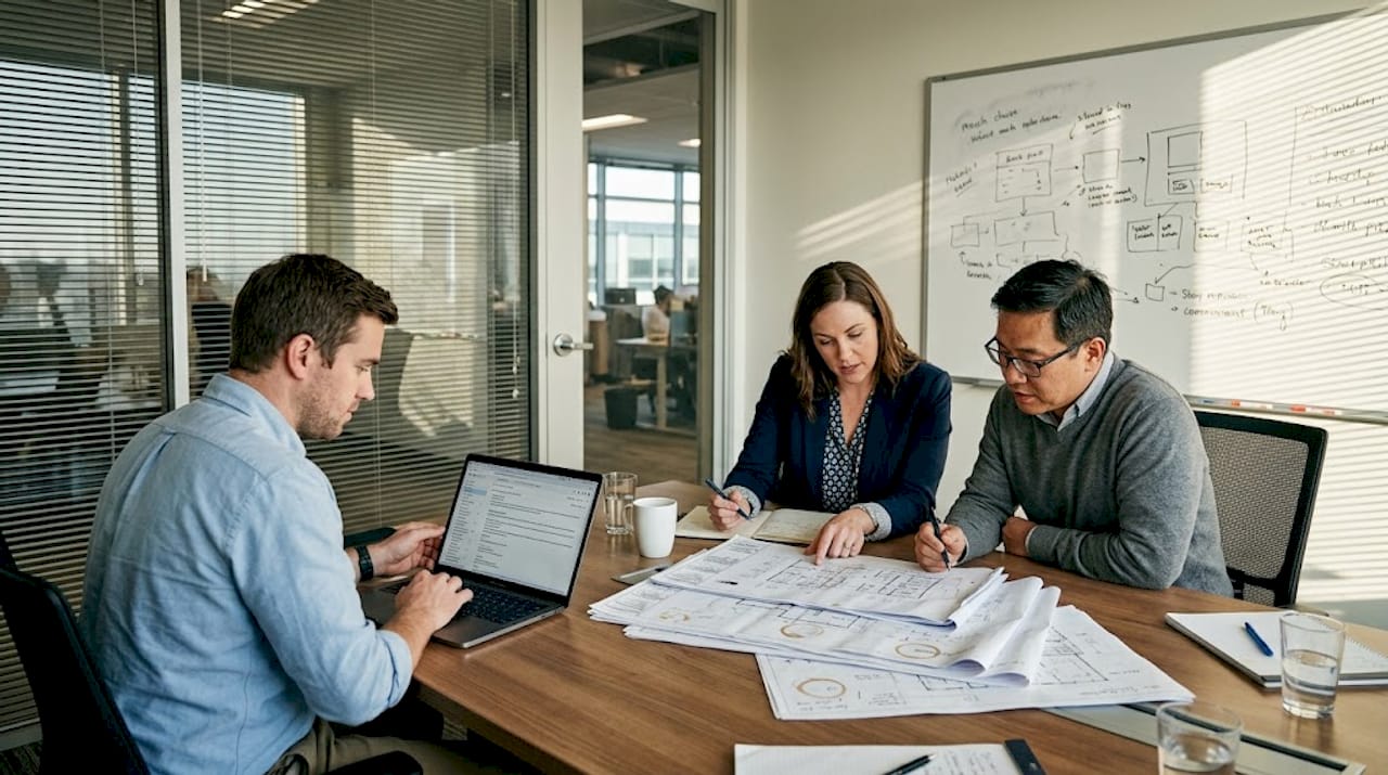 Engineering team reviewing design documents