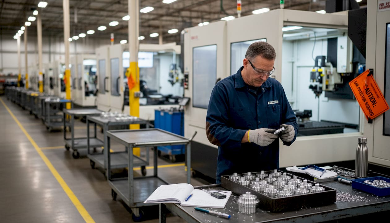 Operator inspecting precision parts on manufacturing floor