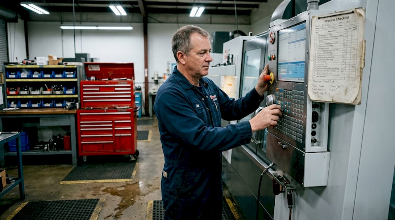 Machinist adjusts CNC panel in workshop