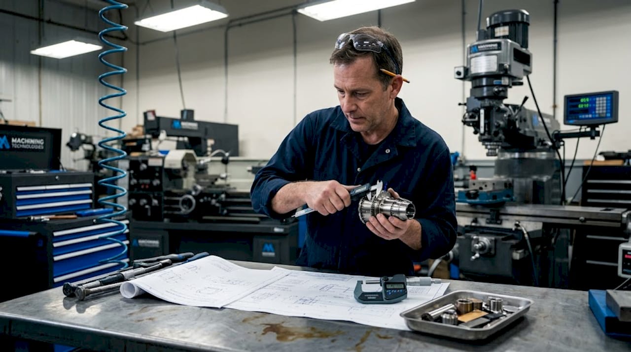 Machinist inspecting titanium part in shop