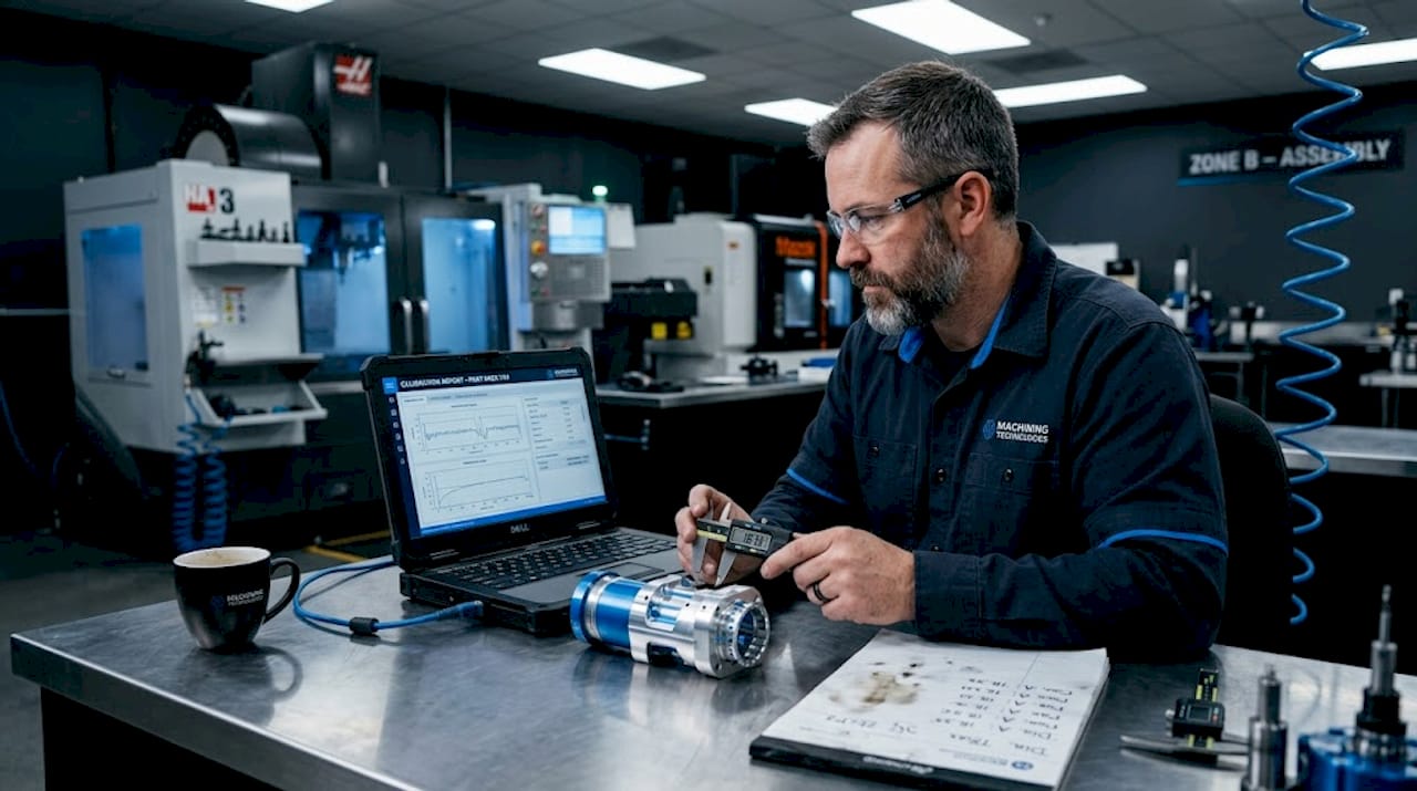 Technician calibrating aerospace part at workstation