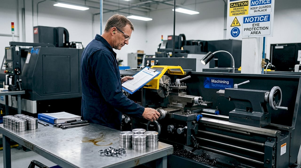 Operator reviewing safety checklist by guarded lathe