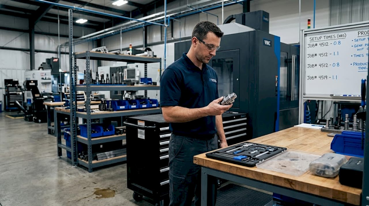 Machinist checking part in organized factory