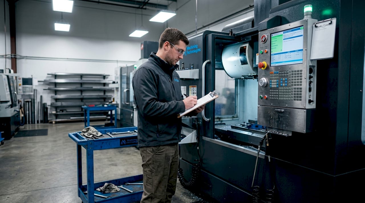 Machining operator reviewing cycle time notes at machine