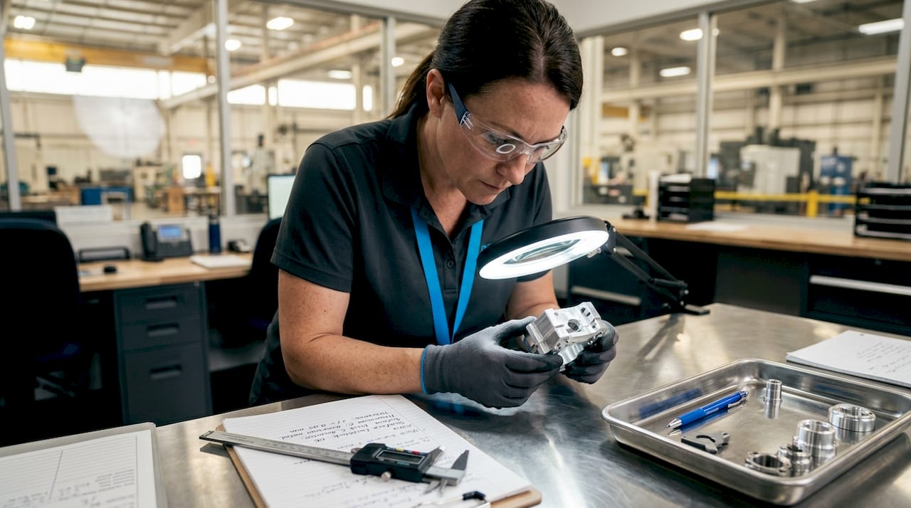 Technician inspecting machined part quality at desk
