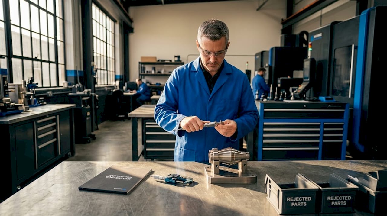 Engineer inspecting titanium part in workshop