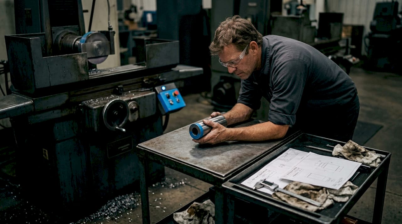 Machinist inspecting part at grinding station