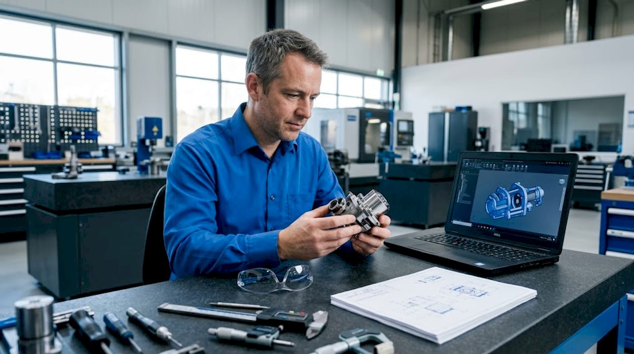 Engineer reviewing prototype part at workbench