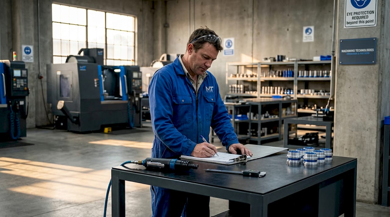 Quality technician documenting standards on factory floor