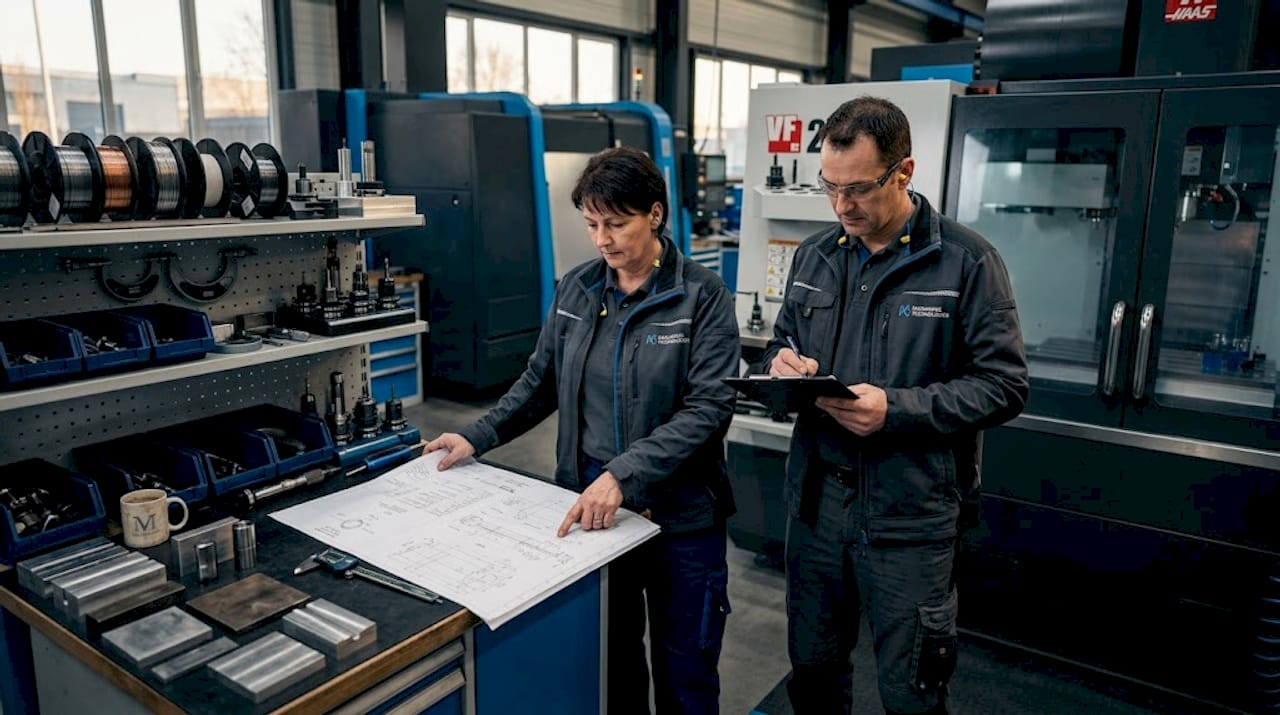 Machinists collaborating at CNC workstation