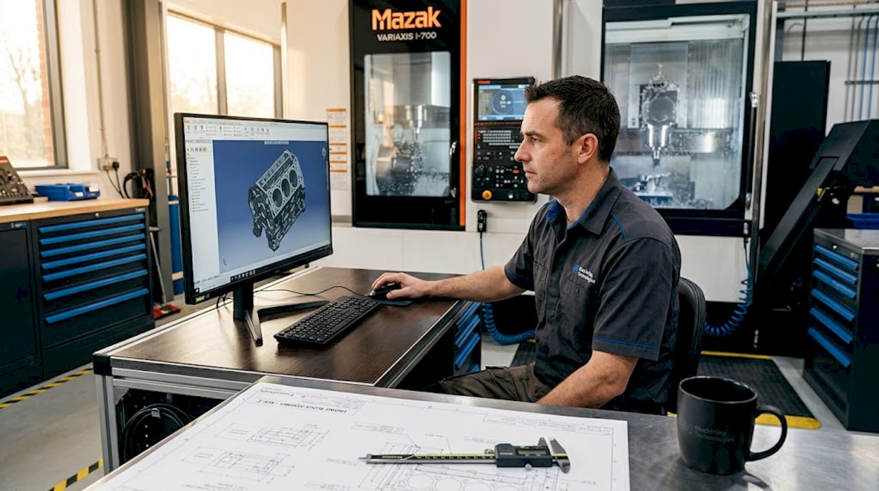 Machinist Operating CAD CAM Workstation In Shop Machinist operating CAD CAM workstation in shop