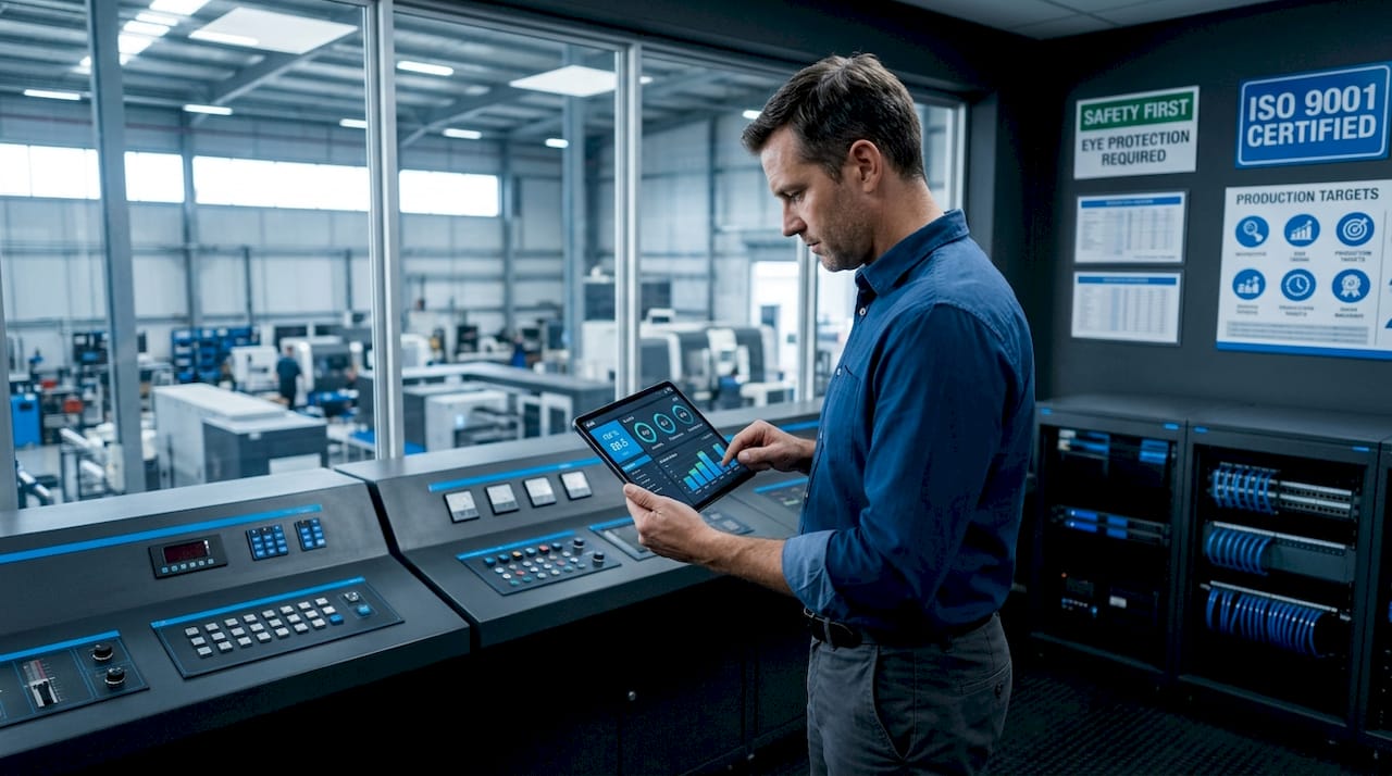 Factory manager reviewing production efficiency metrics