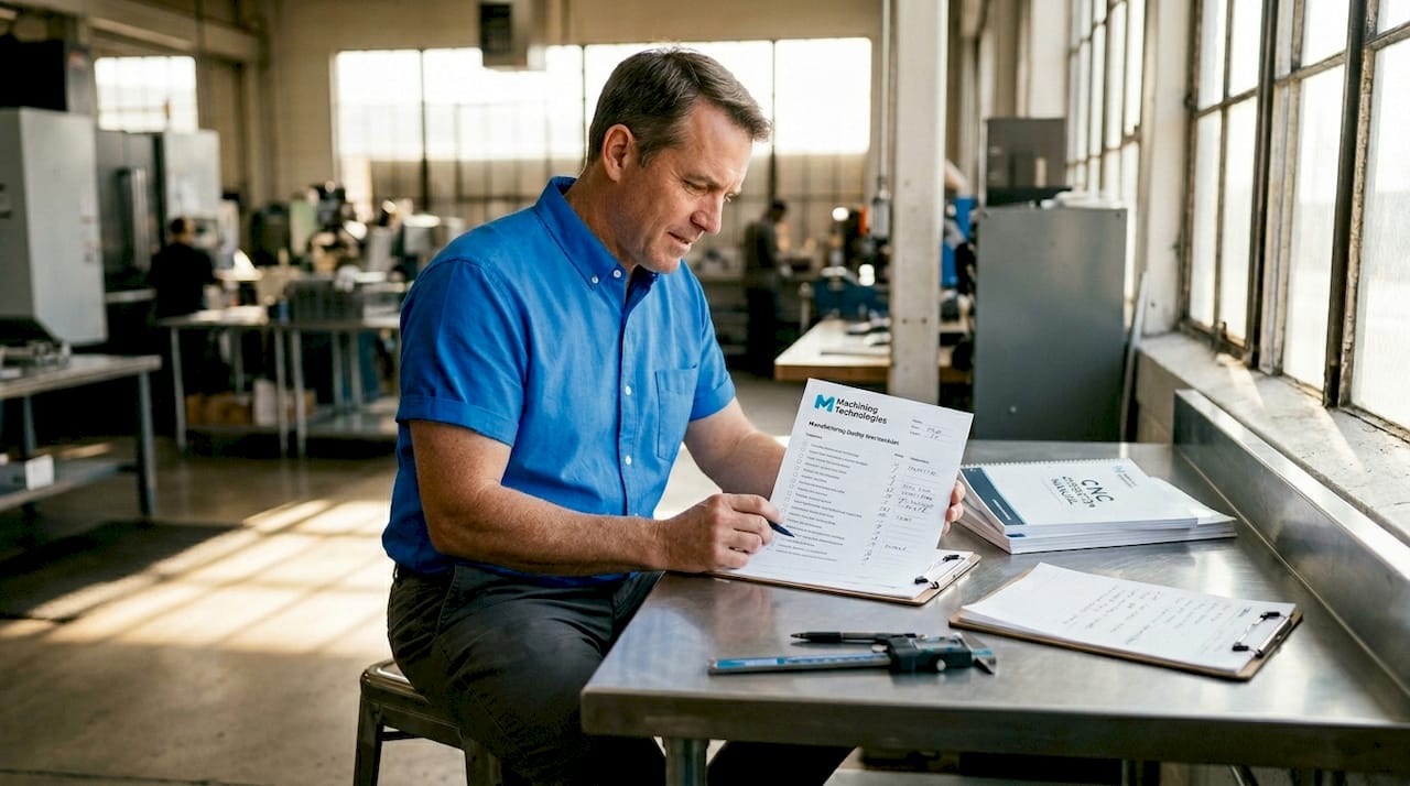 QA Inspector Reviewing Checklist At Factory Workstation QA inspector reviewing checklist at factory workstation